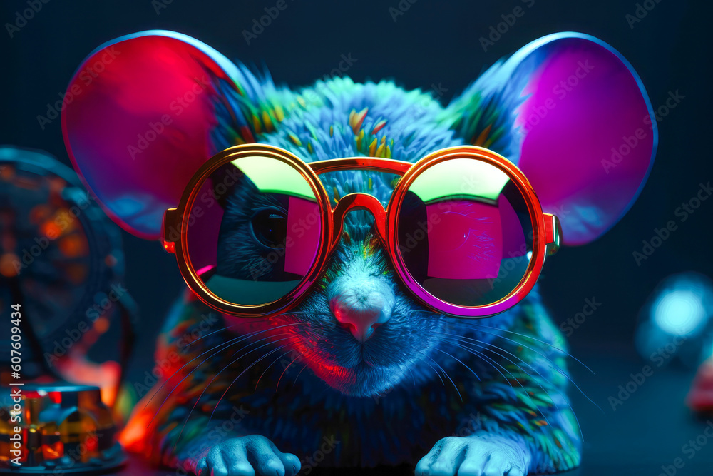Cute mouse wearing sunglasses. animal on summer vacation, animal illustration. Ai generative