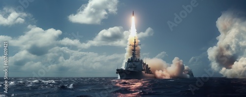 wide banner of missiles being launched out of warboats destroyers for military special navy missions concepts - Generative AI photo