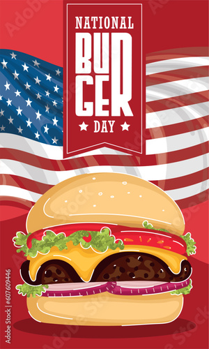 National burger day vertical template with cheeseburger Vector illustration