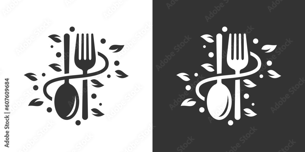 Obraz premium Healthy food diet logo design with spoon, fork, and leaf design graphic vector illustration. Symbol, icon, creative.