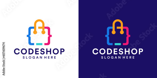 Colorful Coding logo design with shopping bag design template. Modern code logo for programmer graphic design vector illustration. Symbol, icon, creative.
