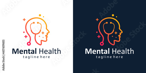 Mental health logo design. Psychotherapy symbol concept. Human head with stethoscope graphic design vector illustration.