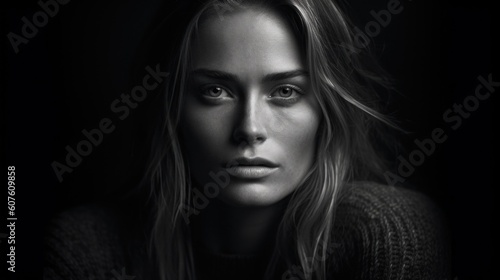 A black and white photo of a woman. Generative AI image.