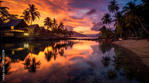 Exotic tropical paradise. Beautiful waterfront village in the distance © Absent Satu