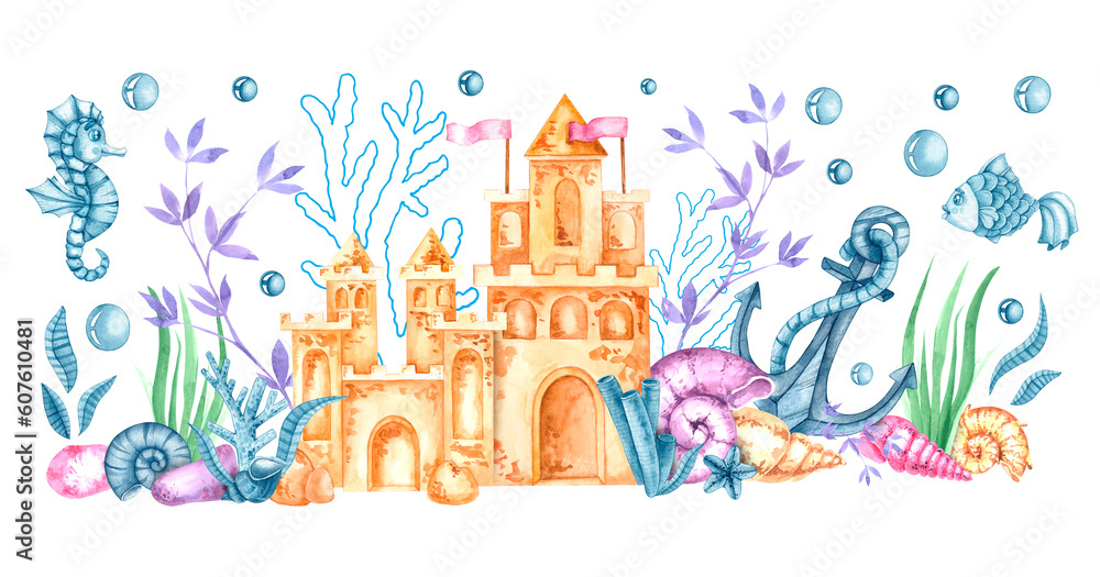 Watercolor horizontal composition with marine life, sand castle, seashells, corals on a white background