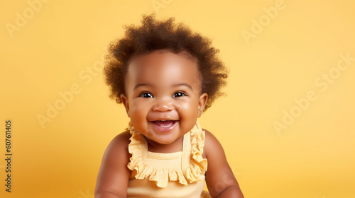 Smiling afro-american baby on the yellow background, copyspace. Generative AI