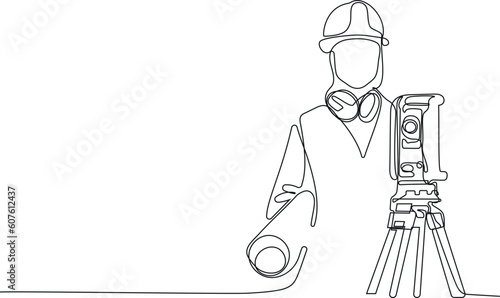 Close up of Caucasian worker with helmet on head using tablet for work while standing in warehouse. Surveyor with a tripod icon. Geodesic tripod. Vector illustration
