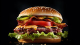 Macro view of an hamburger with salad and bacon. Photo for the restaurant menu