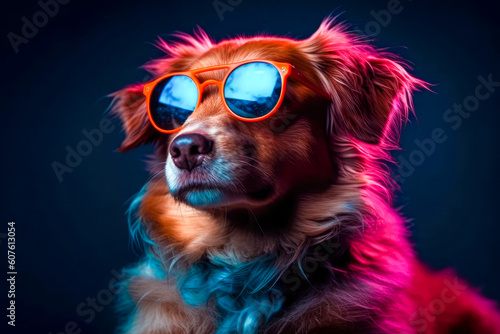 Cute dog wearing glasses. animal on summer vacation, animal illustration. Ai generative © zamuruev