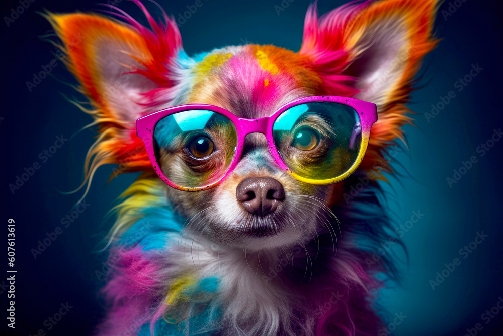 Cute dog wearing glasses. animal on summer vacation, animal illustration. Ai generative