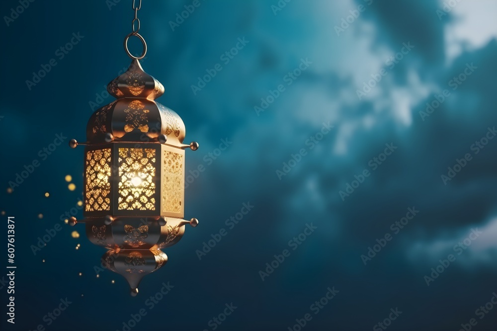 A lantern hanging in the sky on blue background. Generative AI A lantern hanging in the sky on blue background. Generative AI