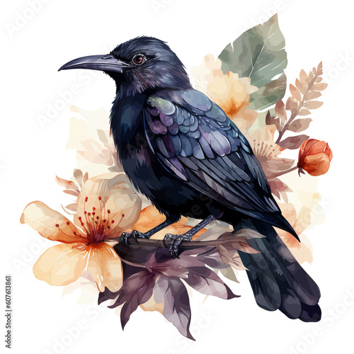 Cute crow cartoon in watercolor style