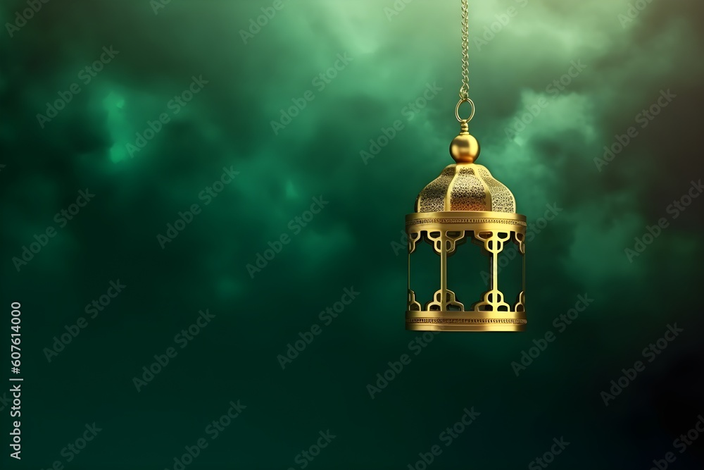 A lantern hanging in the sky on green background. Generative AI
