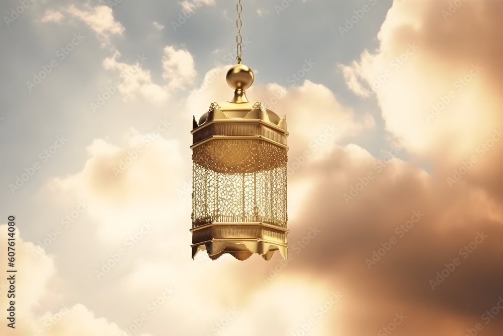 A lantern hanging in the sky on white background. Generative AI