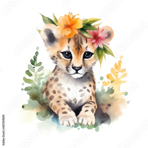 Cute baby cheetah cartoon in watercolor style