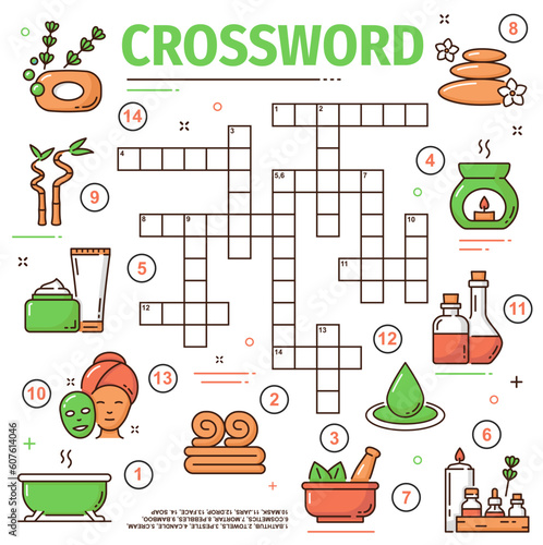 Spa and face beauty, skin health care crossword grid worksheet, find a word quiz. Vector riddle with bathtub, towels, pestle, candle or cream. Cosmetics, mortar, pebbles and bamboo with mask or jar