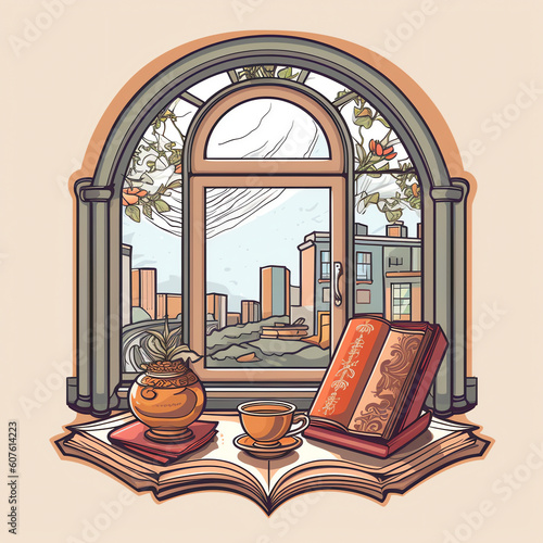 Generative AI Autumn window with rural view  a book and a coffee cup on the sill. Cute cozy vector illustration in flat style