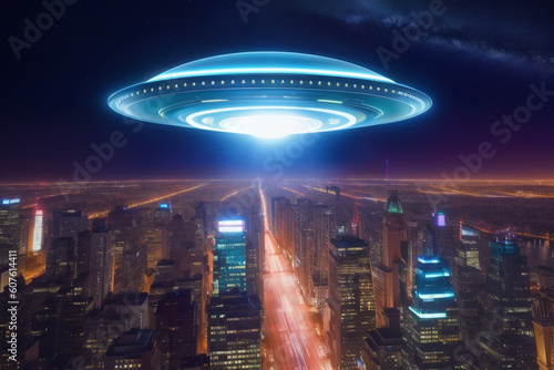 Sci-fi themed epic image of UFO flying over night city, with alien ship and night lights. Futuristic, futuristic city, sci-fi concept created with generative AI.