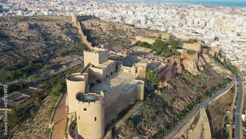 Aerial view of the Muralla de Jairan, a fort surrounded by walls on hilltop in Almeria, Spain. photo