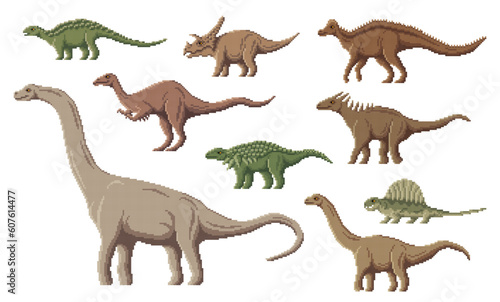 Pixel dinosaur characters. 8 bit pixel art game dino animals. Deinocheirus  Amargasaurus  Nodosaurus and Titanosaurus  Panoplosaurus  Hypacrosaurus Jurassic prehistoric reptile  pixel vector dinosaur