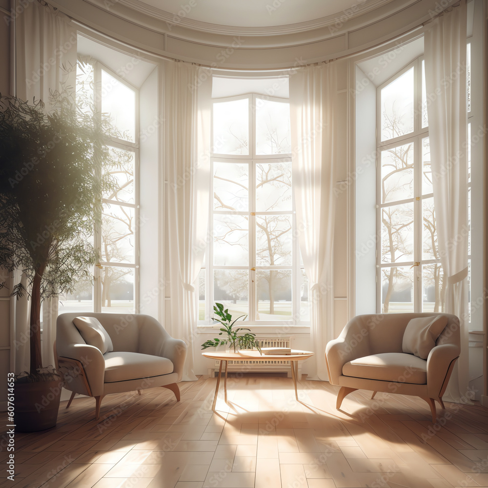 Fototapeta premium Generative AI Cozy Interior with two elegant armchairs, a coffee table and a window with a tree