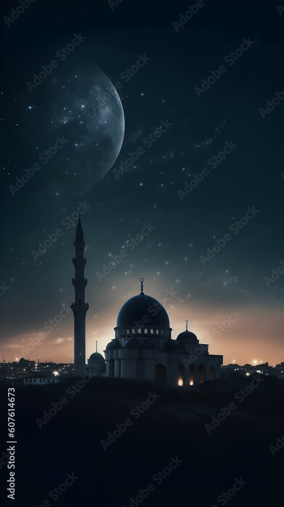 A mosque and the moon with a cloudy sky in the background. Generative AI