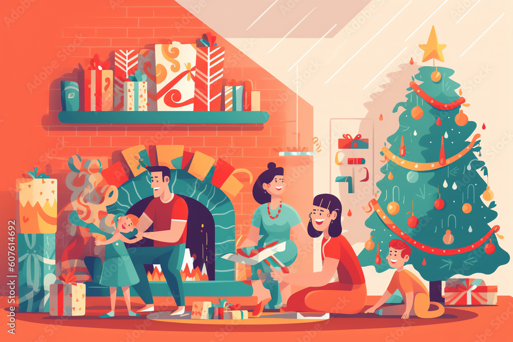 Generative AI Family decorating Christmas tree at home. Decorated fireplace. Cute vector illustration in flat style