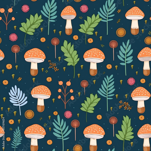 Generative AI Autumn pattern with cute mushrooms, conifer cones and acorns. Seamless background, vector illustration in flat cartoon style