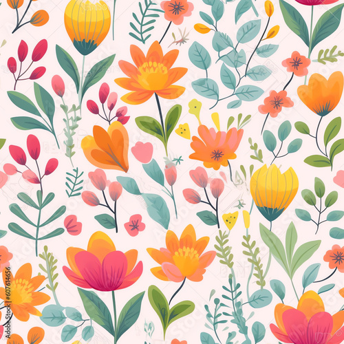 Generative AI Spring flowers and leaves seamless pattern - different types of flowers and leaves, illustration design template