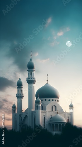 A mosque and the moon with a cloudy sky in the background. Generative AI