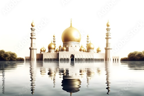 Illustration of a golden mosque with white background. Generative AI
