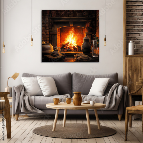 Generative AI Cozy Interior with a fireplace with fire and a picture on the wall