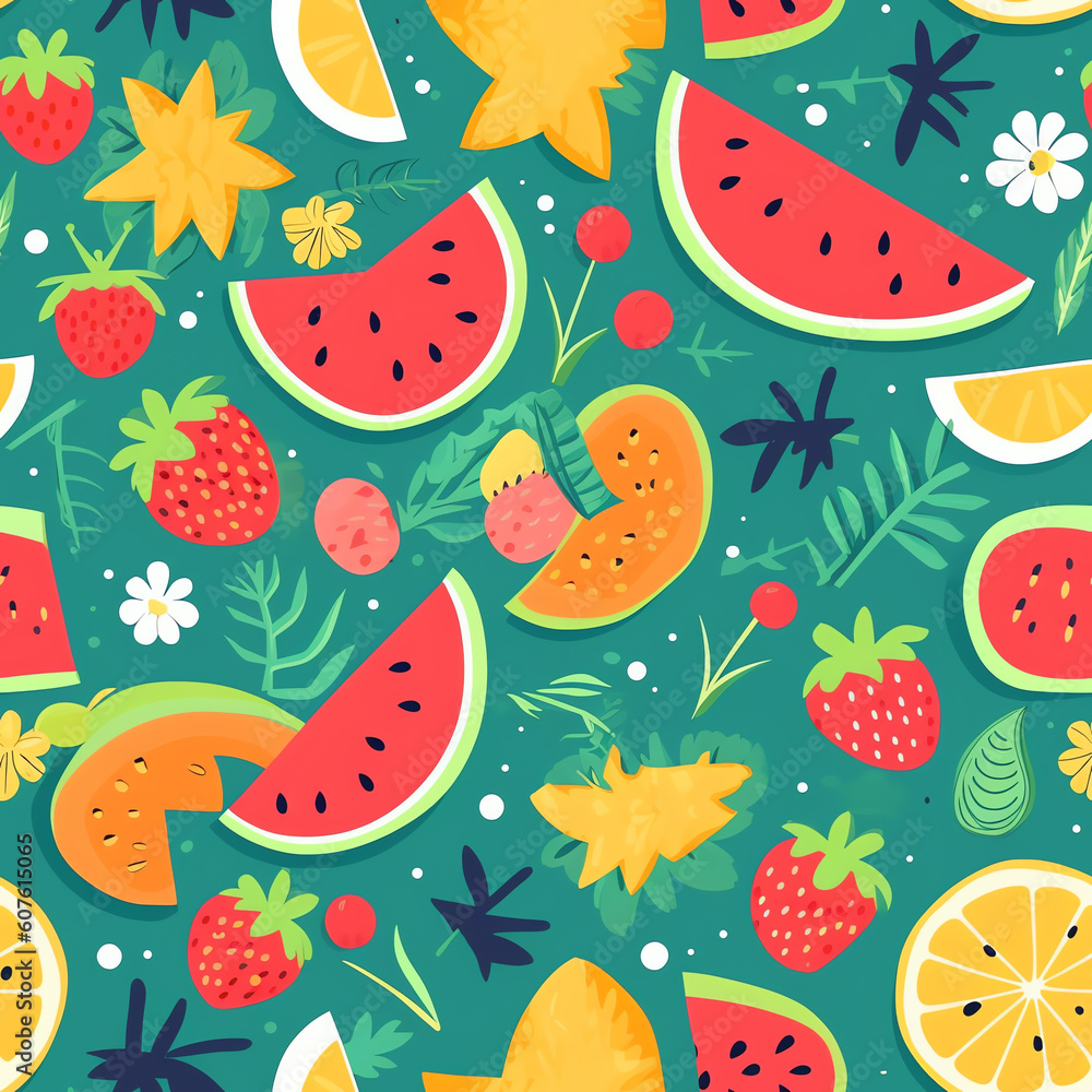 Generative AI Summer pattern - colorful seamless pattern with watermelon, lemon, leaves and flowers, vector illustration. Generative AI Summer pattern - colorful seamless pattern with watermelon, lemon, leaves and flowers, vector illustration.