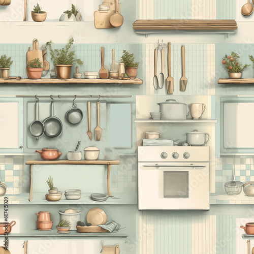 Generative AI Cozy kitchen interior in french Provencal style. Flat style, vector graphic design template