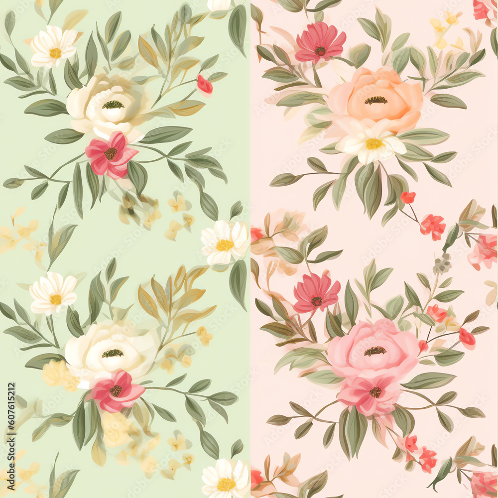 Generative AI Floral pattern - Set of 4 different seamless patterns with spring flowers. Cute girly spring backgrounds, illustration