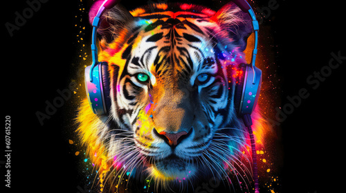 A sleek illustration of a stylish tiger Dj wearing headphones. Ai generated