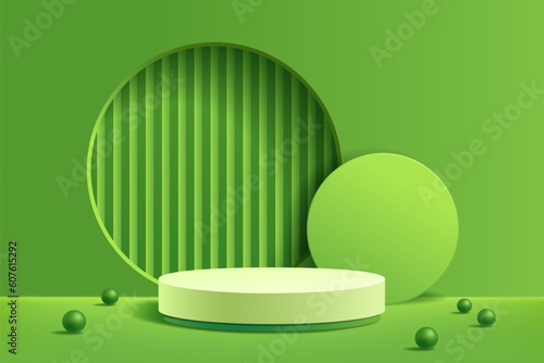 White and green 3D cylinder podium with minimal geometric circle shape scene background