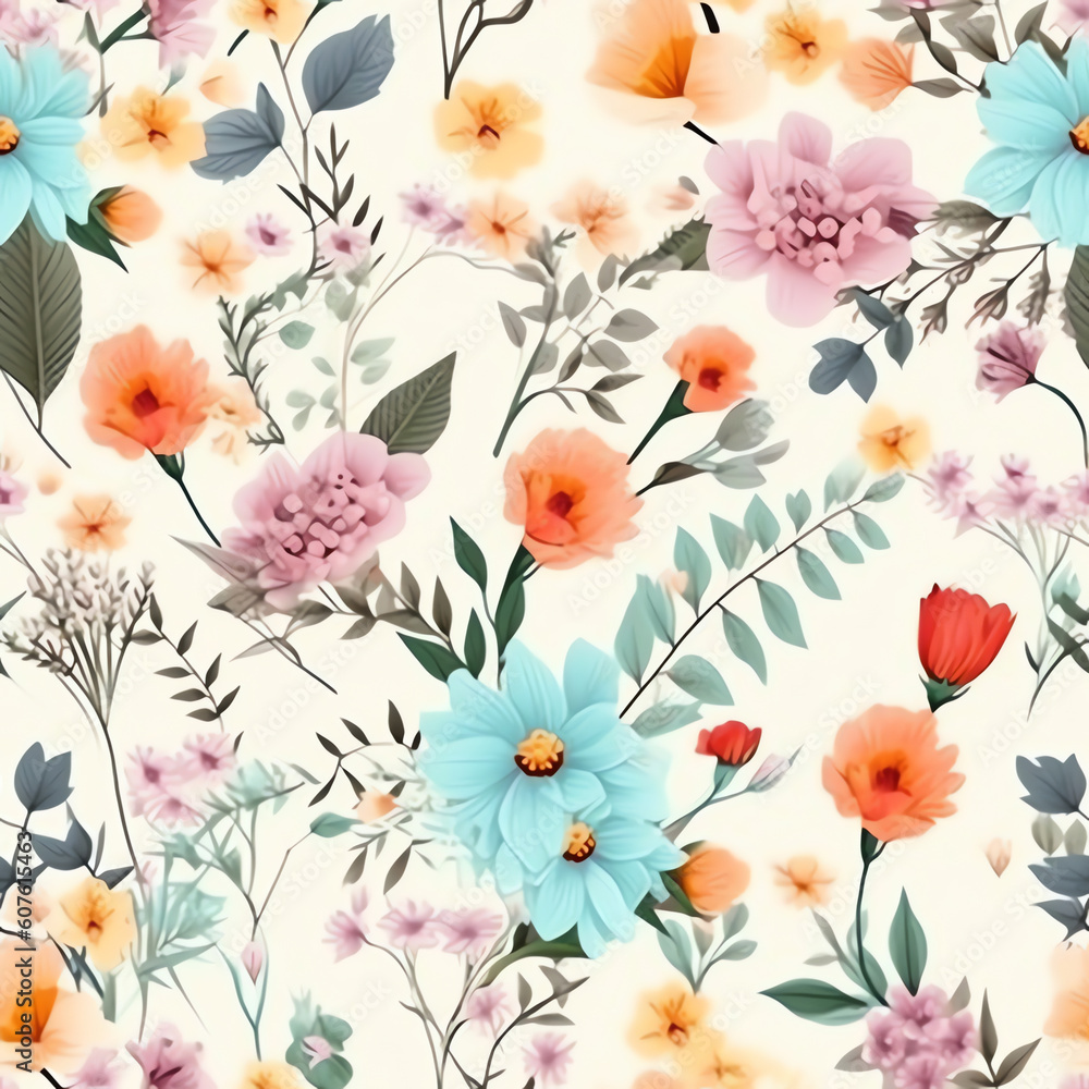 Generative AI Spring flowers and leaves seamless pattern - different types of flowers and leaves, illustration design template Generative AI Spring flowers and leaves seamless pattern - different types of flowers and leaves, illustration design template