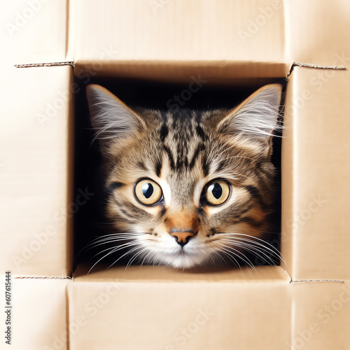 Generative AI Adopt a pet - cute cat in a box, isolated on white background