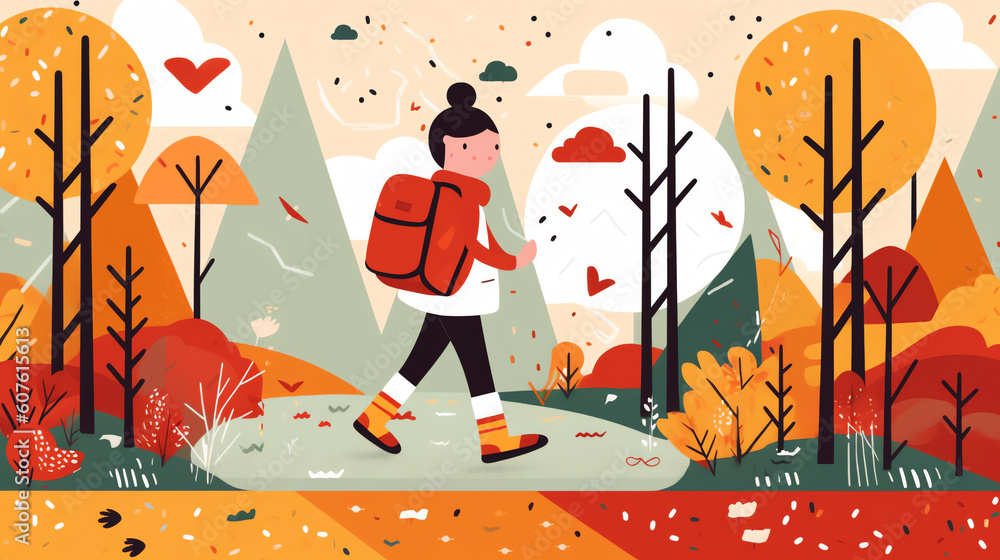 Generative AI Girl reading in the park in autumn. Landing page template. Cute vector illustration in flat style.