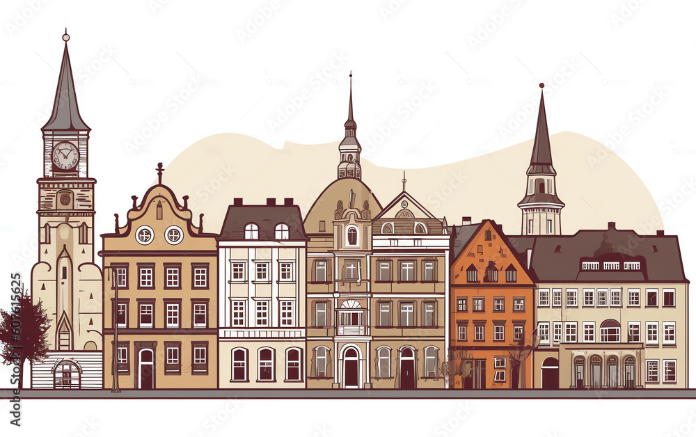 Generative AI City view with city hall and small residential houses with landscape. Vector illustration in flat style, design template