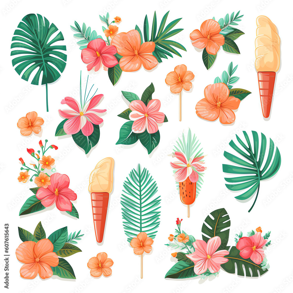 Generative AI Tropical flowers and leaves collection - illustration in flat style, design template.