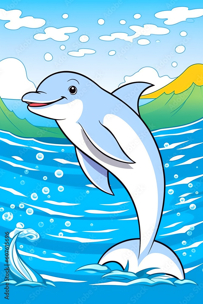 Fototapeta premium Generative AI Sea animals with landscape - cute cartoon vector illustration of dolphin