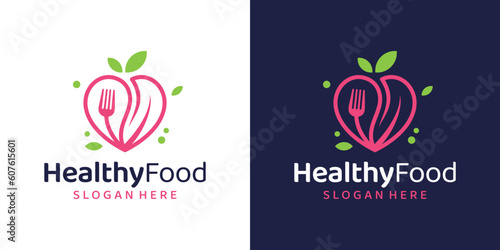 Healthy Food logo design with fork, love, and leaf design graphic vector illustration. Symbol, icon, creative.