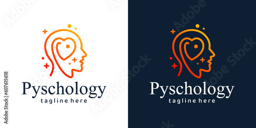 Mental health logo design. Psychotherapy symbol concept. Human head with heart love graphic design vector illustration.