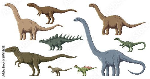 Pixel dinosaur characters. 8 bit pixel art game dino animals. Anchisaurus  Barapasaurus  Wannanosaurus and Hypselosaurus  Kentrosaurus  Zephyrosaurus Jurassic era reptiles or pixel vector dinosaurs