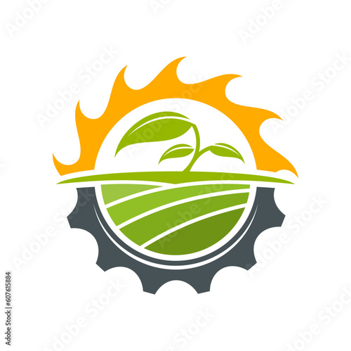 Agriculture farm field icon, green leaf and plant harvest, vector symbol. Organic eco food, farmer market or farmhouse and bio products, emblem of sun and cogwheel for agrarian agriculture or farmland