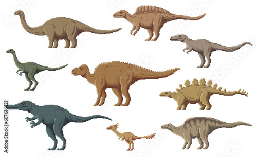 Fototapeta Naklejka Na Ścianę i Meble -  Pixel dinosaur characters. 8 bit pixel art game dino animals. Ouranosaurus, Probactrosaurus, Suchomimus and Alectrosaurus, Alvarezsaurus, Aralosaurus prehistoric reptiles, vector pixel dinosaurs