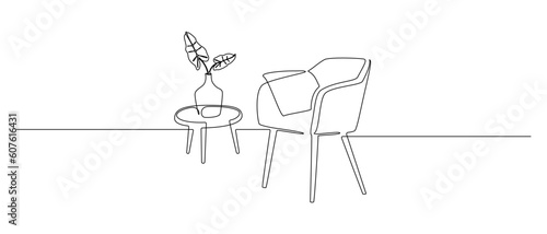 One continuous Line drawing of armchair and table with plant. Modern furniture for living and office room interior in simple linear style. Editable stroke. Doodle vector illustration
