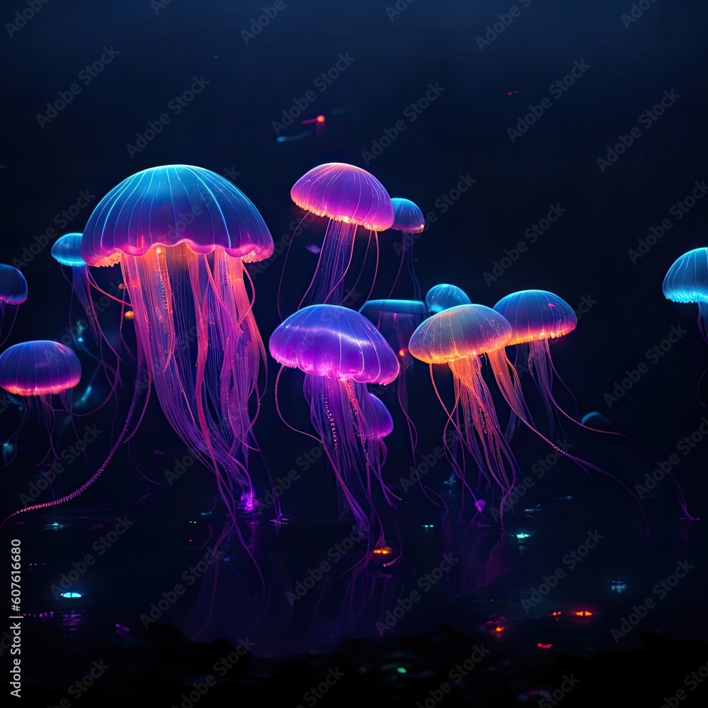 Jellyfish in the dark with blue lights. Generative AI Jellyfish in the dark with blue lights. Generative AI